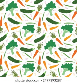 Vegetables seamless pattern. Autumn harvest vegetables on white background. Farm harvest vector illustration