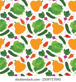 Vegetables seamless pattern. Autumn harvest vegetables on white background. Farm harvest vector illustration