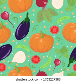 Gemüse nahtloses Muster. Hintergrund für ökologische Erzeugnisse im Herbst. Gesunde vegetarische Küche Konzept. Vektorgrafik für Textilien, Tapete.
