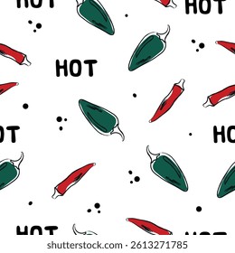 Vegetables seamless pattern background for packaging and decoration with chilly pepper and jalapeno. Eco healthy food vegan concept.