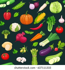 Vegetables seamless pattern black. Healthy food vector background.