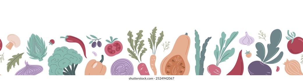 Vegetables seamless pattern, border, great for textiles, wrapping, packaging. Healthy lifestyle illustration for print, web. Hand drawn Vector illustration in flat style.