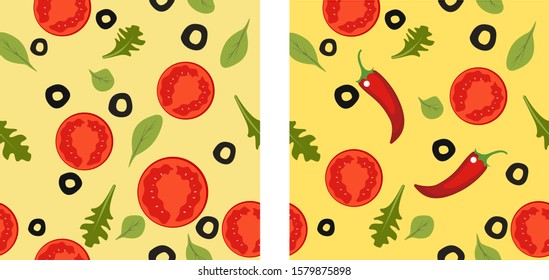 Vegetables Seamless pattern. Broccoli, zucchini, avacado, basil, apple. Illustration for backgrounds, card, posters, banners, textile prints, cover, web design. Eat healthy. Vector icons.