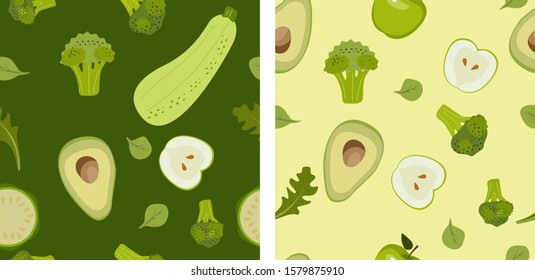 Vegetables Seamless pattern. Broccoli, zucchini, avacado, basil, apple. Illustration for backgrounds, card, posters, banners, textile prints, cover, web design. Eat healthy. Vector icons.