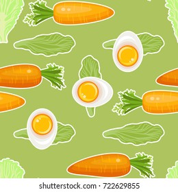 Vegetables seamless pattern. Carrot, egg and salad isolated on green background.