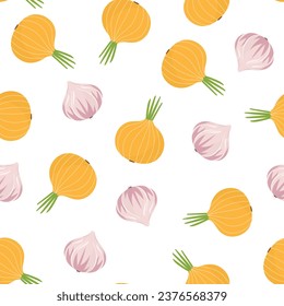 Vegetables seamless pattern in cartoon style. Onion and garlic background. Fresh food print for fabric and textile. Vector illustration