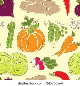 Vegetables seamless pattern. Vegetables Colorful background. Beets, potatoes, asparagus, garlic, pumpkin, green peas, carrots, cabbage, radish, hot pepper chili