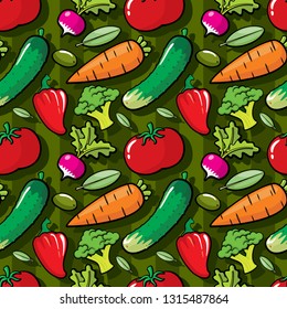 Vegetables seamless pattern colorful, vegetarian kitchen decor. Cartoon vegetable