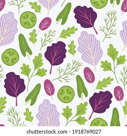 Vegetables seamless pattern with cucumber slices, salad, arugula, dill, sorrel on white background. Perfect for vegan, vegetarian, wallpaper, food backdrop, fabric. Cartoon vector illustration