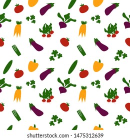 Vegetables seamless pattern. Cute bright radish, beets, celery, carrots, broccoli, cucumber, eggplant. Seamless flat vector background.