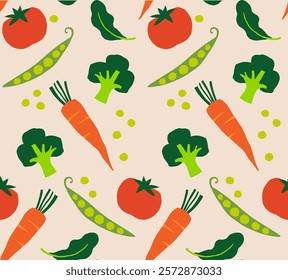 VEGETABLES SEAMLESS PATTERN. 
Cute colorful broccoli, carrots, peas, and tomatoes, you can remove the background or change the color.