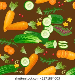 Vegetables seamless pattern of different fresh cucumber, carrot. Farm organic healthy food on brown background. Cooking concept. Vector illustration. 