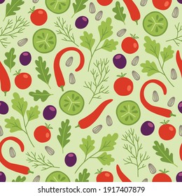 Vegetables seamless pattern with dill, parsley, cucumber slices, tomato, pepper, olive on green background. Perfect for vegan, vegetarian, wallpaper, food backdrop, fabric. Cartoon vector illustration