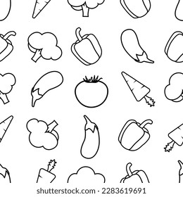 vegetables seamless pattern. Eat healthy - tomato, eggplant, carrot, pepper, broccoli line icons. Vegetarian, farm grocery store vector illustration, black on white background.