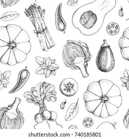 Vegetables seamless pattern. Farmers market menu design template. Organic vegetables food packaging pattern. Vintage hand drawn sketch vector illustration. Line art graphic. Engraved style.