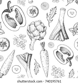 Vegetables seamless pattern. Farmers market menu design template. Organic vegetables food packaging pattern. Vintage hand drawn sketch vector illustration. Line art graphic. Engraved style.