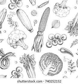 Vegetables seamless pattern. Farmers market menu design template. Organic vegetables food packaging pattern. Vintage hand drawn sketch vector illustration. Line art graphic. Engraved style.