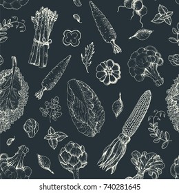 Vegetables seamless pattern. Farmers market menu design template. Organic vegetables food packaging pattern. Vintage hand drawn sketch vector illustration. Line art graphic. Engraved style.