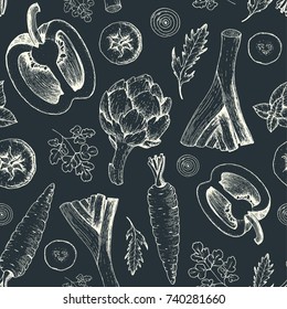 Vegetais padrão sem emenda. Modelo de design de menu do mercado de agricultores. Padrão de embalagem de alimentos vegetais orgânicos. Vintage mão desenhada esboço vetor ilustração. Gráfico de arte-final. Estilo gravado.