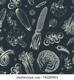 Vegetables seamless pattern. Farmers market menu design template. Organic vegetables food packaging pattern. Vintage hand drawn sketch vector illustration. Line art graphic. Engraved style.