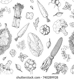 Vegetables seamless pattern. Farmers market menu design template. Organic vegetables food packaging pattern. Vintage hand drawn sketch vector illustration. Line art graphic. Engraved style.