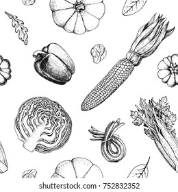 Vegetables seamless pattern. Farmers market menu design template. Organic vegetables food packaging pattern. Vintage hand drawn sketch vector illustration. Line art graphic. Engraved style.