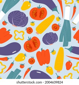 Vegetables seamless pattern. Flat hand drawn colorful background for farmers market, vegan menu. Cute veggies in fresh summer print design for kitchen textile.