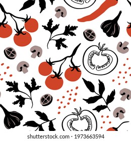 Vegetables seamless pattern. Flat vector illustration for modern design. Texture for restaurant menu, fabric, textile, wallpaper. Isolated on white background.