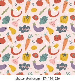 Patrón inmaculado de verduras, adorno alimentario con frutas, ilustraciones de ingredientes alimentarios, impresión a mano para el mantel de cocina o papel de envoltura con pimienta dibujada a mano. tomate, espárragos