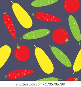 Patrón ininterrumpido de verduras. Comida, vegetarianismo. de estilo minimalista y escandinavo. pepino, zucchini, tomates, zanahorias.  Elementos de diseño de menú, café.