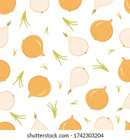 Vegetables seamless pattern. Fresh and organic onions background. Farm products on white. Vector illustration for wallpaper, textile, deisgn.