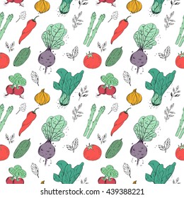 Vegetables seamless pattern. Fresh organic food. Vegetables vintage nature background. Hand-drawn sketch of colorful greens.
