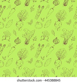 Vegetables seamless pattern. Fresh organic food. Vegetables vintage nature background. Hand-drawn sketch of colorful greens.