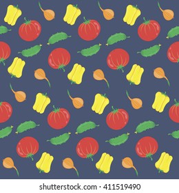 Vegetables seamless pattern. Fresh vegetables sweet pepper, cucumber, tomato and onion. Vector. Organic food illustration. 
