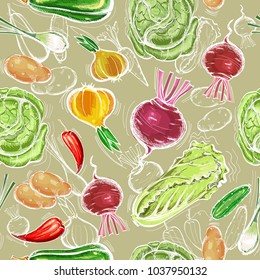 Vegetables seamless pattern. Fresh vegetarian healthy food. Eco farmer vegetables pattern, potato, carrot, cabbage, pepper 