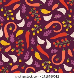 Vegetables seamless pattern with garlic, cherry tomato, pepper, arugula on violet background. Perfect for vegan, vegetarian, wallpaper, food backdrop, fabric. Cartoon vector illustration