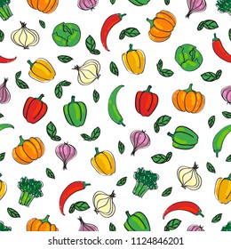Vegetables seamless pattern, hand drawn doodle bell pepper, chili pepper, garlic, broccoli, onion, cabbage, pumpkin made in vector.  For kitchen, fabric, covers, banners, menu.