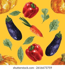 Vegetables seamless pattern. Hand painted watercolor vegan illustration.