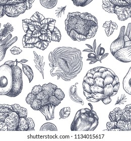 Vegetables seamless pattern. Handsketched vintage vegetables. Line art illustration. Vector illustration