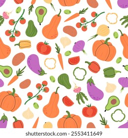 Vegetables seamless pattern. Harvest background. Vegetarian and vegan symbol. Pumpkin carrot and tomato. Fresh pepper and avocado. Decor textile, wrapping paper, wallpaper design. Print for fabric