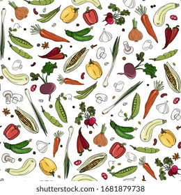 Vegetables seamless pattern. Healthy food vector background.Radishes, peppers, zucchini, onions, garlic, corn, beets