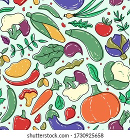 Vegetables seamless pattern. Healthy food background. Farm fresh, organic, eco vegetables. Vegetarian and vegan food. Vector illustration. Great for restaurant menu backdrop, healthy food concept