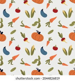 Vegetables seamless pattern. Healthy food background. Farm fresh, organic, eco vegetables. Vegetarian vegan food. Vector illustration. Great for restaurant menu backdrop, healthy food concept