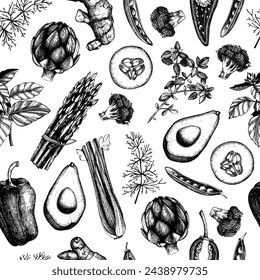 Patrón sin fisuras de verduras. Fondo de alimentos saludables. Esbozos de comida vegetariana. Dibujado a mano ilustración vectorial. NO AI generado