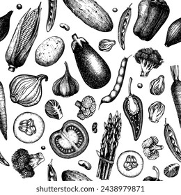 Patrón sin fisuras de verduras. Fondo de alimentos saludables. Boceto de comida vegetariana. Dibujado a mano ilustración vectorial. NO AI generado
