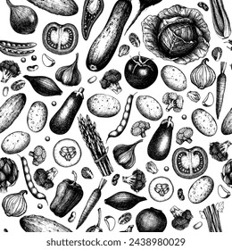 Vegetables seamless pattern. Healthy food background. Vegetarian food sketches. Hand-drawn vector illustration. NOT AI generated