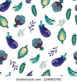 Vegetables seamless pattern. Healthy nutrition cartoon texture. Organic food scandinavian illustrations. Flat hand drawn Kitchen textile on the white background. 