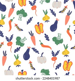 Vegetables seamless pattern. Healthy nutrition cartoon texture. Organic food scandinavian illustrations. Flat hand drawn Kitchen textile on the white background. 