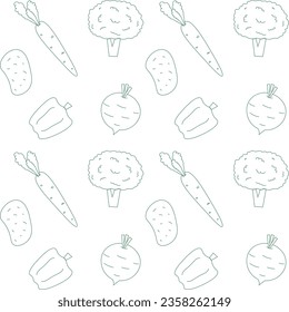 Vegetables seamless pattern. Illustration for background, cards, web design, posters, banners, textile prints, and wrapping paper. Vegetarianism, diet, broccoli, pepper, carrot, beetroot, potato.