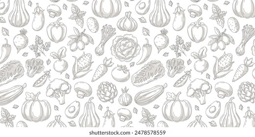 Vegetables seamless pattern, isolated background. Veggies monochrome vector icons set. Minimalist horizontal banner. Organic food, natural, eco product. For cover, wrapping paper, textile print